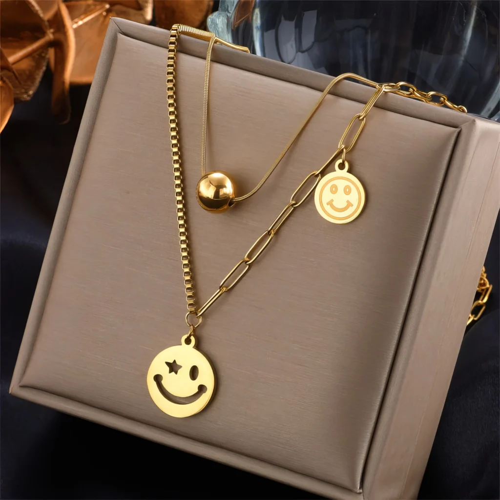 Collier Double Rang - Médaillons Smiley et Boule