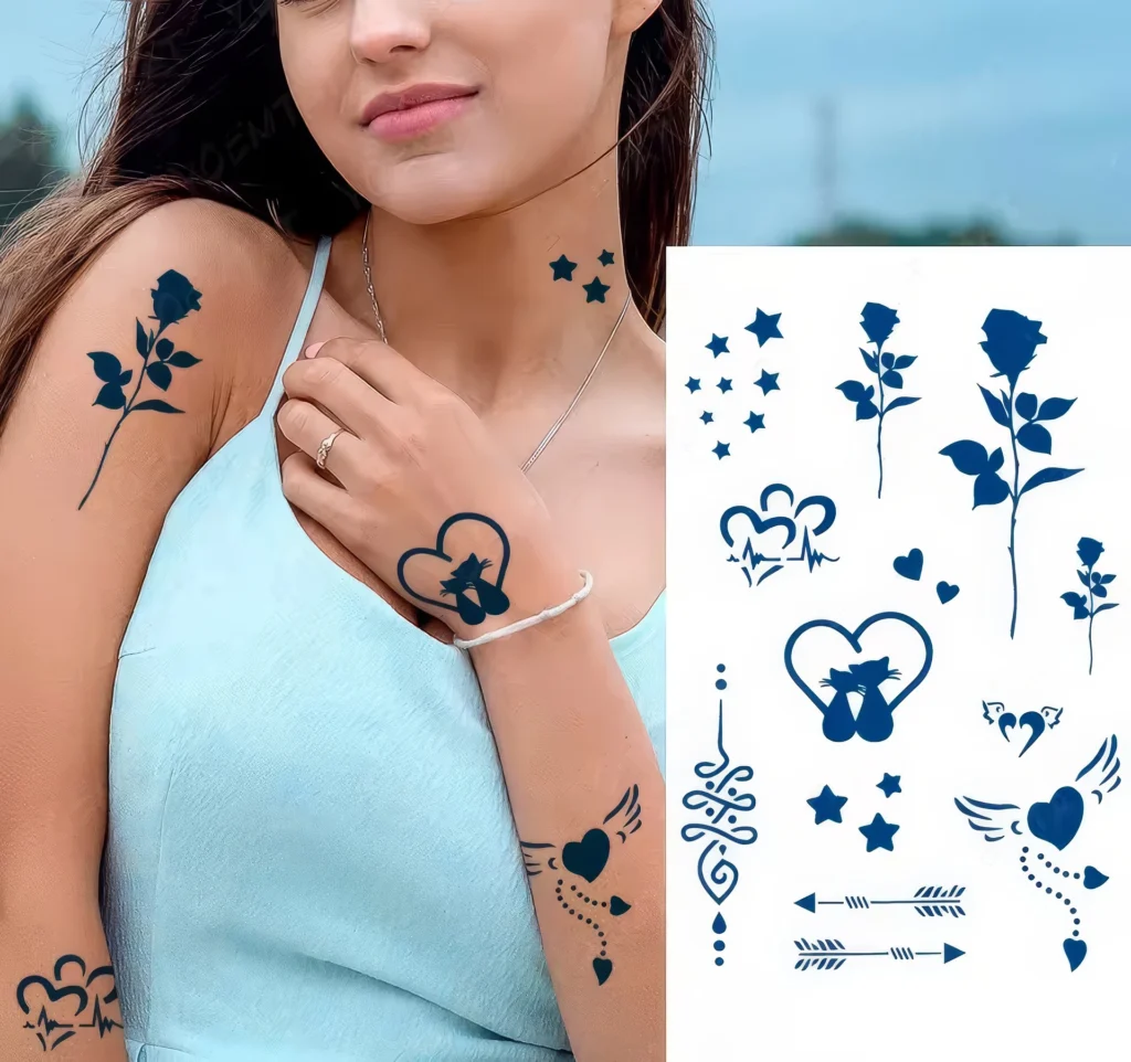 Tatouages Temporaires - Cœur, Étoiles & Roses Élégantes