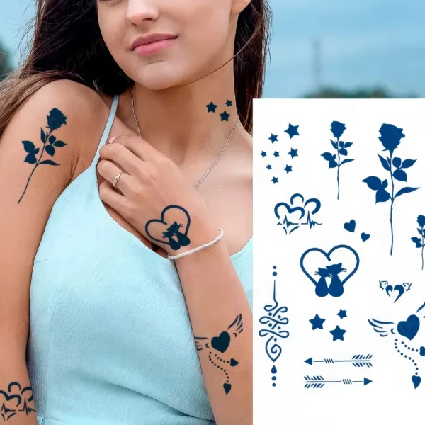 Tatouages Temporaires - Cœur, Étoiles & Roses Élégantes